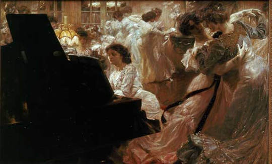 balblanc lady at piano and dancing women